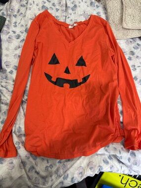 Orange Long Sleeve V-Neck Halloween Pumpkin Tee